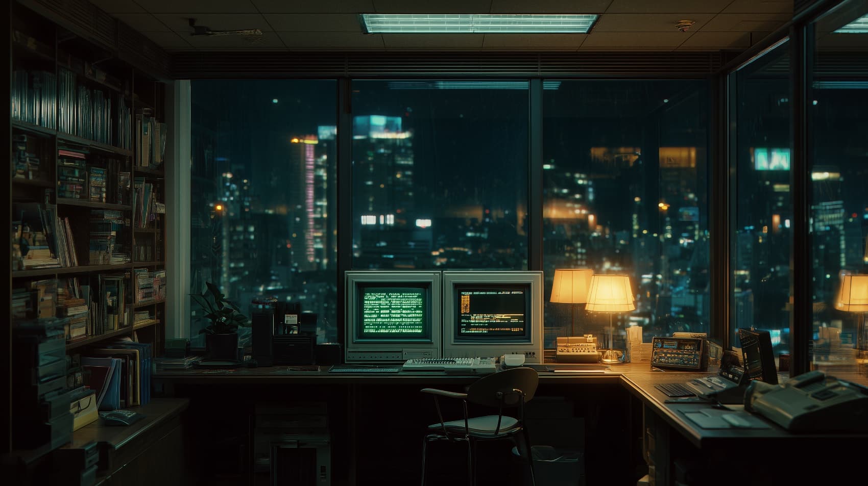A night office: two CRT monitors glow green and amber over a city skyline — the desk Crux watches from.